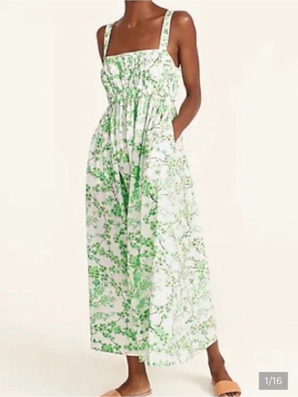 J Crew cotton Poplin White Maxi Sundress with Green Floral Print